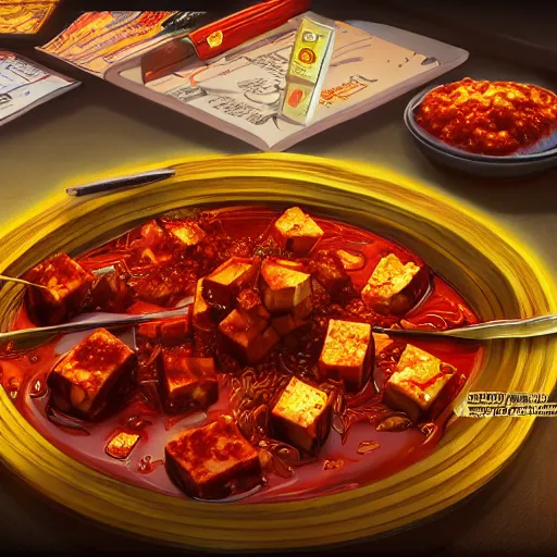 Image similar to An epic fantastic realism comic book style painting of the most beautiful mapo tofu, unreal 5, DAZ, hyperrealistic, octane render, dynamic lighting