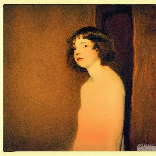 Prompt: a girl in a room, old polaroid by goya, by klimt, digital painting, strong lights, flat colors, pastel colors,