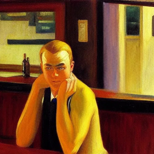 Image similar to a detailed painting, blonde man at a bar, edward hopper,