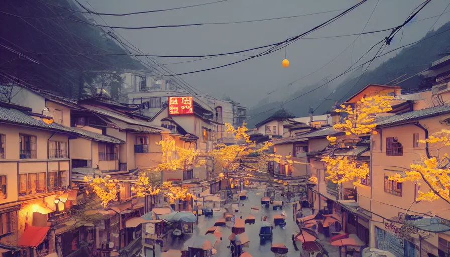 Prompt: a Wes Anderson 35mm film still of a very surreal magic small eco mountain town, like Kyoto, and Paris, golden hour, clean, falling cherry blossom pedals, in the style of Gucci, James Jean color palette, glowing warm lights and floating lanterns, foggy atmosphere, rainy, moody, muted colors, magic details, high detail, high resolution, 8k, cinematic look, octane render, psychedelic,