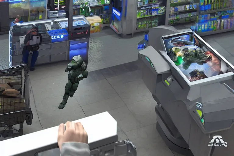 Image similar to halo master chief robbing a walmart, cctv footage, high angle, photorealistic, 8 k