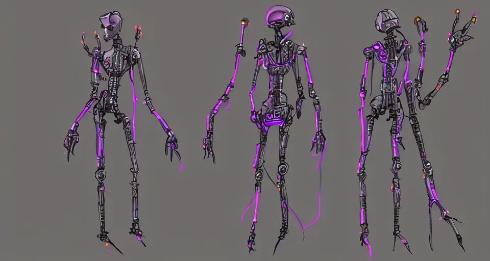 Image similar to concept art of a lanky cyberpunk robot that is overgrown by neon mushrooms, digital art, concept art, character sheet, character design