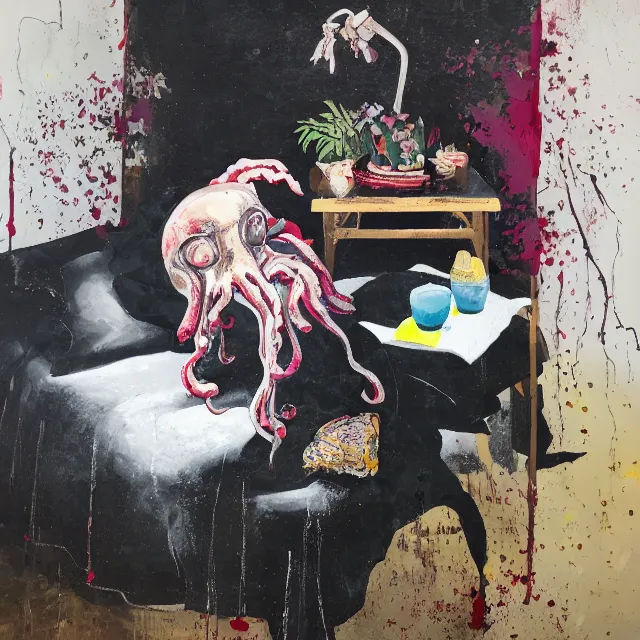 Image similar to empty room with black walls, sensual portrait of a woman sleeping, japanese vase, old flowers, puddle of water, octopus, squashed berries, neo - expressionism, surrealism, acrylic and spray paint and oilstick on canvas