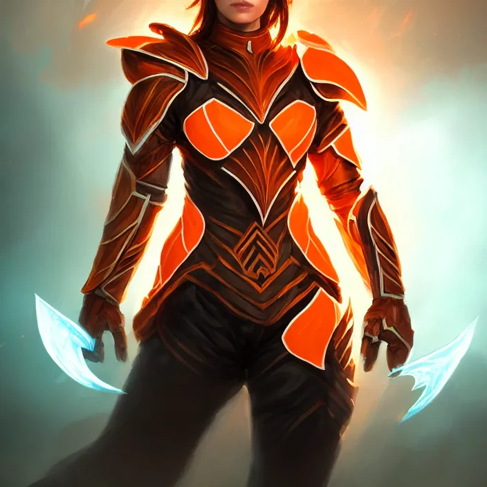 Image similar to masterpiece portrait of a d & d ranger with her quantum armor, orange and white, volumetric lighting, fantasy, intricate, elegant, lifelike, photorealistic, artstation, concept art, sharp focus, magic the gathering art