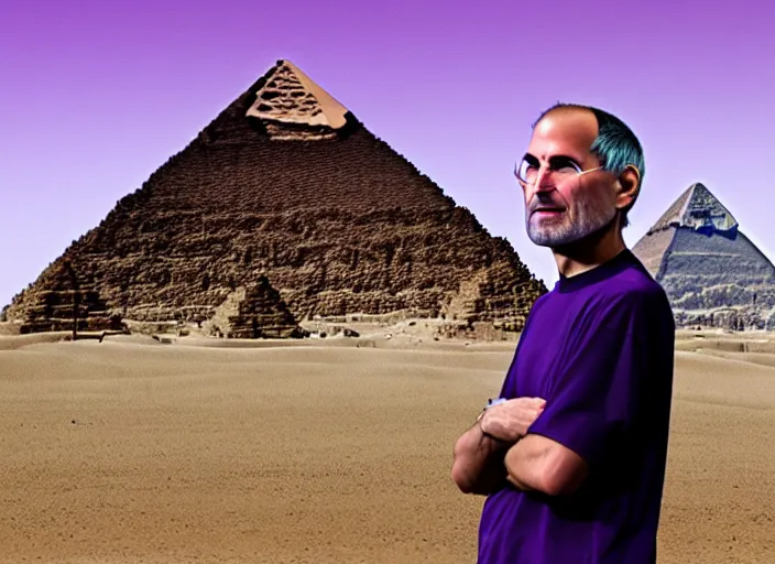 Image similar to landscape, steve jobs and a boy with purple hair in front of the pyramids, hyperrealism, intricate, 8 k, high detail