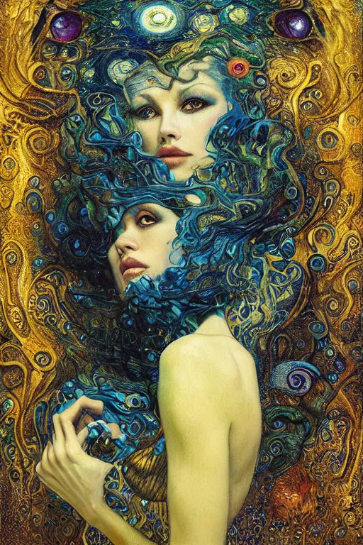 Prompt: Visions of Paradise by Karol Bak, Jean Deville, Gustav Klimt, and Vincent Van Gogh, visionary, otherworldly, fractal structures, ornate gilded medieval icon, third eye, spirals, heavenly spiraling clouds with godrays, airy colors