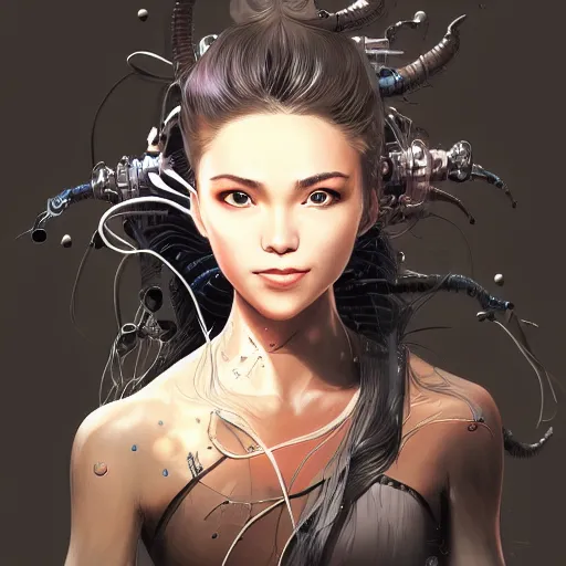 Prompt: biopunk geneticist, heroine, beautiful, playful smile, detailed portrait, intricate complexity, in the style of Artgerm, Kazuki Tanahashi, and Ross Tran, cel-shaded