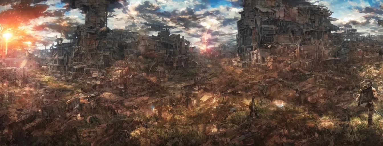 Prompt: the beautiful, dreamy, wistful view of a battlefield after war filled with blood. hyperrealistic anime background illustration by kim jung gi, attack on titan, colorful, extremely detailed intricate linework, smooth, super sharp focus, bright colors, high contrast, matte, octopath traveler, unreal engine 5 highly rendered, global illumination, radiant light
