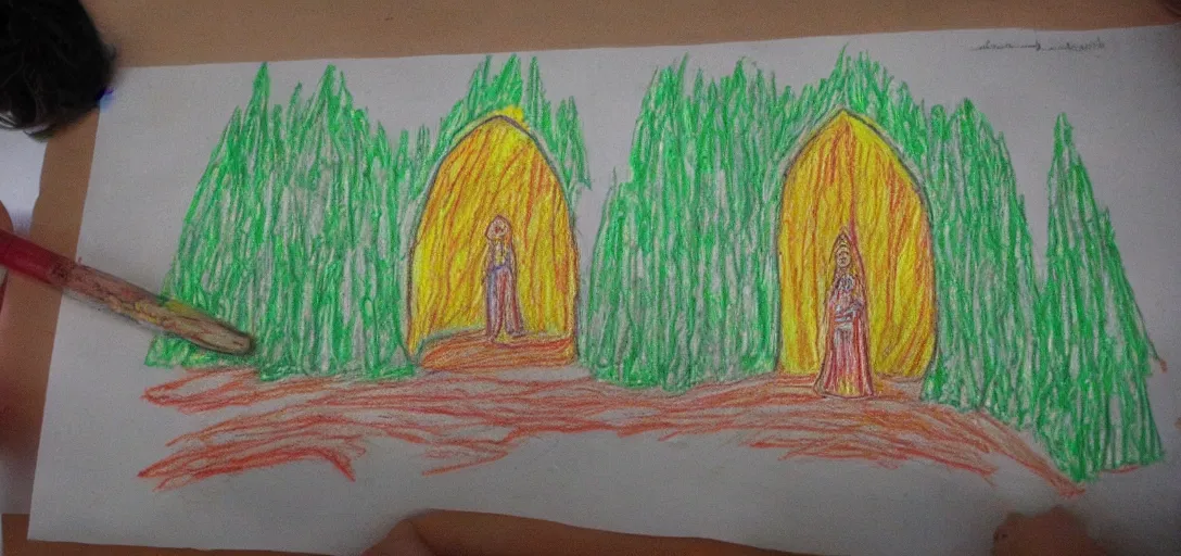 Prompt: Rivendell poorly drawn in wax crayon by a five-year old