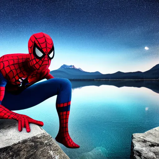 Image similar to 8 spiderman sitting in infinity pool finnish cabin environment. mountain background. photorealistic. ultra realistic. ultra high definition. 8 k. evening. starry sky.