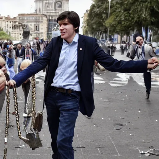 Image similar to argentina politician Javier milei breaking the chains of opresión