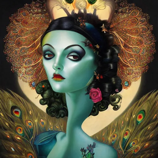 Prompt: dynamic composition, a painting of a woman with green eyes and hair made of peacock plummage, a surrealist painting by Tom Bagshaw and Jacek Yerga and Tamara de Lempicka, featured on cgsociety, pop surrealism, surrealist, wiccan, pre-raphaelite, ornate gilded details