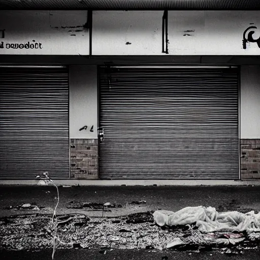 Prompt: a ransacked grocery store, broken signs, filthy flooring. Vines growing. Dystopian. Grainy. Award-winning photo. Sigma 40mm f/1.4 DG HSM