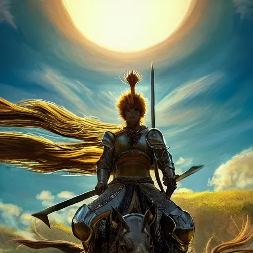 Image similar to a ultra detail picture portrait of A giant warrior in shimmering armor wielding a legendary sword, the sun at their back, strides forward with sword held high. They are the embodiment of courage and strength, and they are ready to fight for what is right. vivid tones, wide angle, by miyazaki, nausicaa ghibli, 8k, photorealistic,