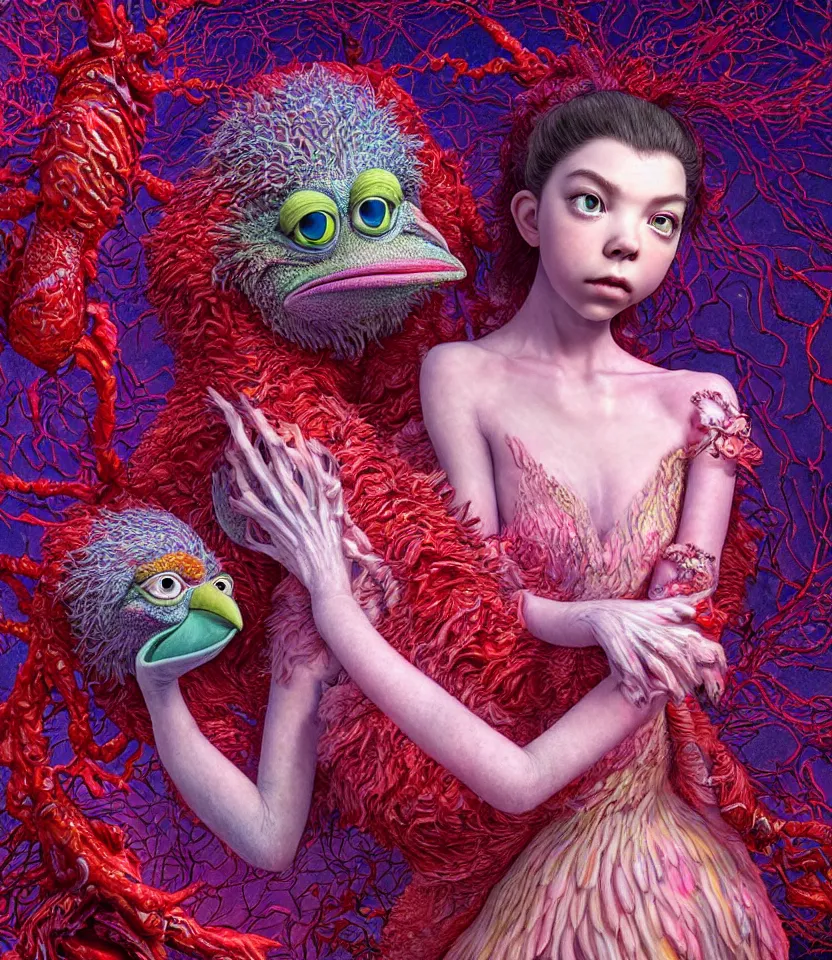 Prompt: hyper detailed 3d render like a Oil painting - kawaii portrait of lovers Aurora (a beautiful girl skeksis muppet fae princess protective playful expressive acrobatic from dark crystal that looks like Anya Taylor-Joy) seen red carpet photoshoot in UVIVF posing in scaly dress to Eat of the Strangling network of yellowcake aerochrome and milky Fruit and His delicate Hands hold of gossamer polyp blossoms bring iridescent fungal flowers whose spores black the foolish stars by Jacek Yerka, Ilya Kuvshinov, Mariusz Lewandowski, Houdini algorithmic generative render, golen ratio, Abstract brush strokes, Masterpiece, Edward Hopper and James Gilleard, Zdzislaw Beksinski, Mark Ryden, Wolfgang Lettl, hints of Yayoi Kasuma and Dr. Seuss, Grant Wood, octane render, 8k