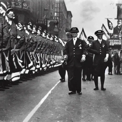 Image similar to historic colorized photograph of donald duck at a nazi parade in 1 9 3 6