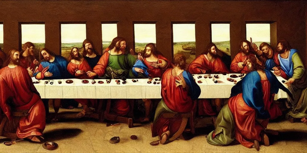 Prompt: a renaissance oil painting depicting the last supper as an intense PC gaming competition, masterpiece