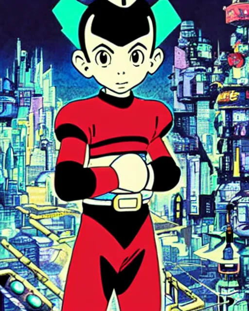 Image similar to a close up portrait of Astro boy in the style of Megaman, weapon on a ready looking determined overlooking a cyberpunk city in the background, full face portrait composition, 2D drawing by Mike Mignola, Yoji Shinkawa, flat colors, chiaroscuro lighting