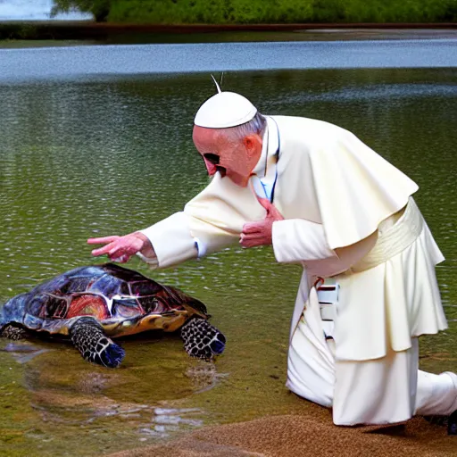 Image similar to cute photo of Pope Francis blessing pond turtle, HD photography, Canon eos r3, 8k resolution, red ear slider