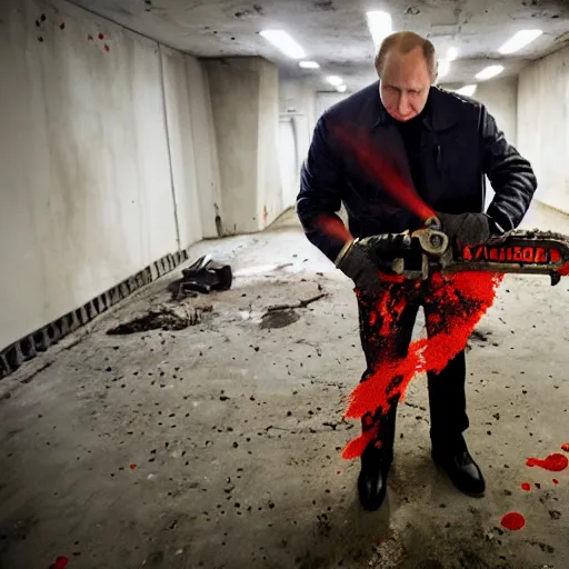 Image similar to putin with a chainsaw and a corpse. in a concrete bunker. focus on putins face with blood splatters. canon eos r 3, f / 1. 4, iso 1 6 0 0, 1 / 8 0 s, 8 k, raw, grainy