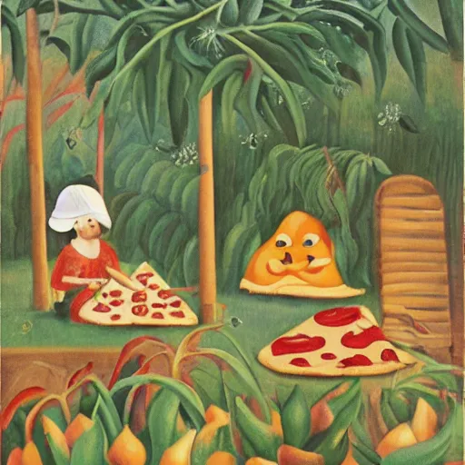 Prompt: Pizza Party by Henri Rousseau