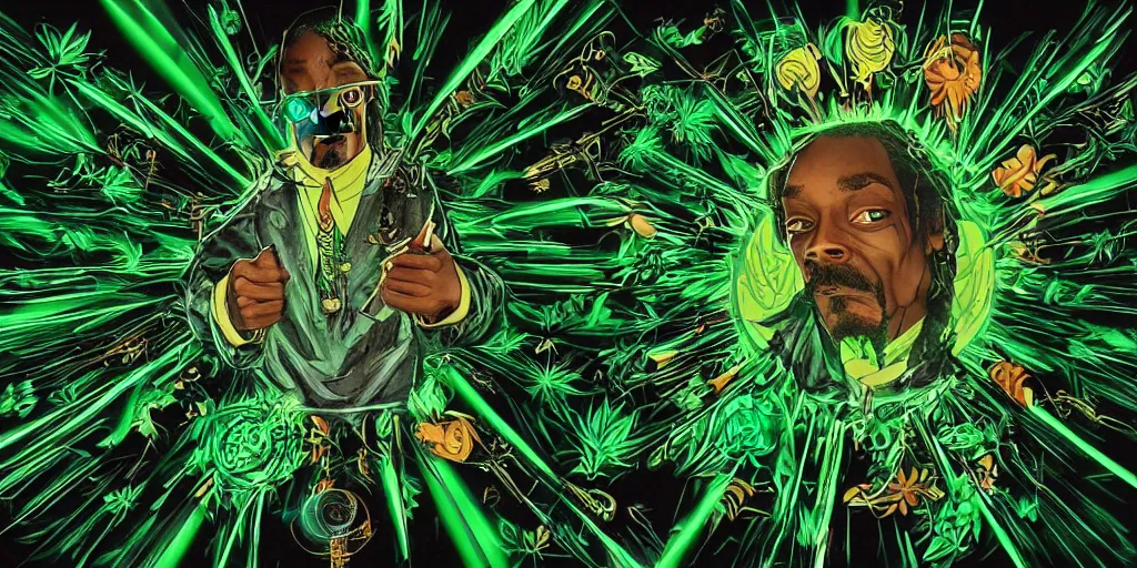 Image similar to snoop dogg doctor strange, smoke weed, marijuana, marijuana leaves, green light, highly detailed, environmental light, cinematic by francis tneh