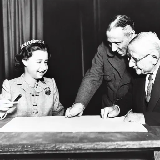 Image similar to 5 0 mm 1 9 4 6 historical photo, of a single general and a young queen elizabeth signing a peace treaty, a cute corgi watches from above, french village interior, highly detailed, sharp focus, symmetrical face