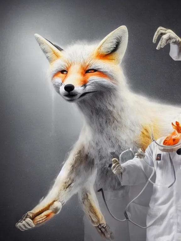 Image similar to a humanoid fox wearing a scientist white coat, chemicals on a white table in front of the fox, digital art, digital painting, masterpiece, anatomically correct, five fingers, cinematic, high coherence, realistic, high quality, highly detailed, 8 k, dramatic lighting, path traced, centered, high definition