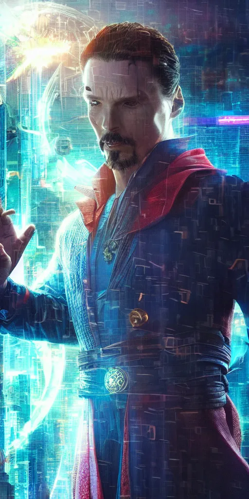 Image similar to cyberpunk, dr strange, photograph, cinematic,