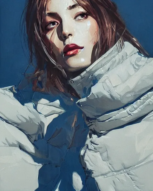 Image similar to a ultradetailed beautiful panting of a stylish woman sitting on the floor in a tiled room, she is wearing an oversized jacket, night time, highly detailed face, oil painting, by conrad roset