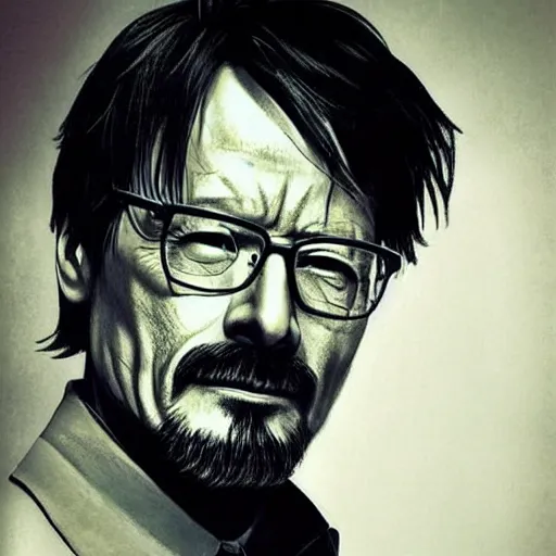 Image similar to Hideo Kojima as Walter White, matte paint, portrait, very coherent, airbrush