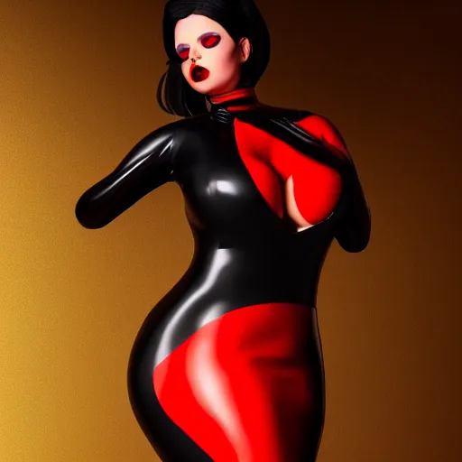 Image similar to a feminine curvy pale hot goth sweetie wearing a modest tight black and red latex-nylon high-neck dress, cgsociety, photorealistic, sublime-hyperadvanced-amorous ambience, 16k, smooth, sharp focus, trending on ArtStation, volumetric lighting, fully clothed, thin waist