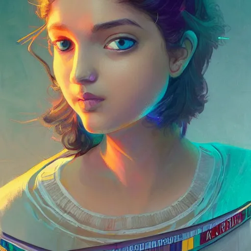 Image similar to character concept of a white bengali girl, chubby, riding a skateboard, neon lights, highly detailed, digital painting, artstation, concept art, symmetry, smooth, sharp focus, illustration, art by artgerm and greg rutkowski and alphonse mucha