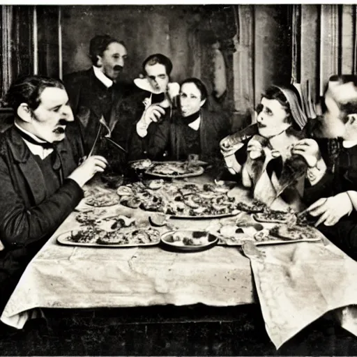 Image similar to a bunch of victorian era vampires eating pizza in tel aviv