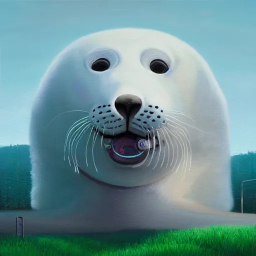 Image similar to an intricate oil painting of a giant cute white furry baby seal with by simon stalenhag