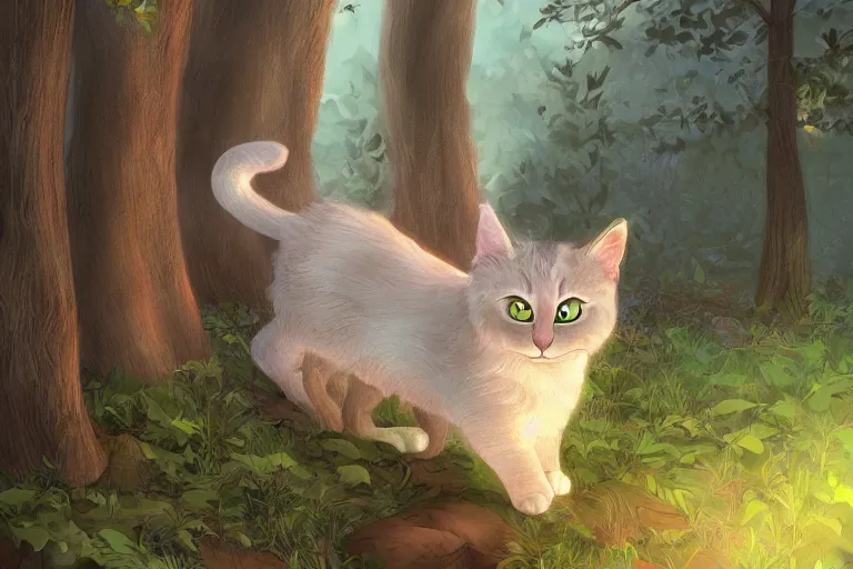 Image similar to cat in the forest, frontlighting, digital art, trending on artstation, fanart, by kawacy