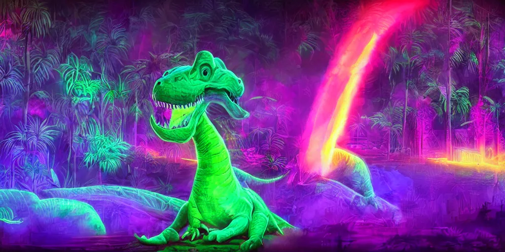 Image similar to spectral purple neon dinosaur, spectral neon pink dinosaur, spectral yellow neon dinosaur, green jungle background, detailed, ultrawide landscape