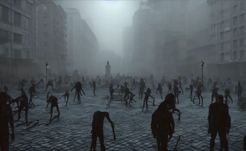 Image similar to Dan Pietro plaza invaded by zombies, epic, mystery, dense fog dusk, highly detailed, cinematic, 8k