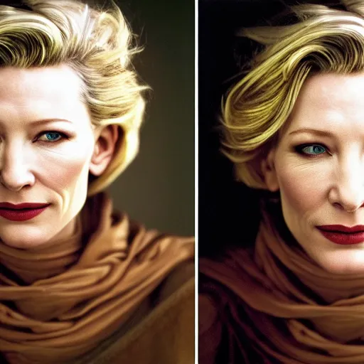 Image similar to Beautiful photography portrait of cate blanchett by Steve McCurry with studio cinematic lighting