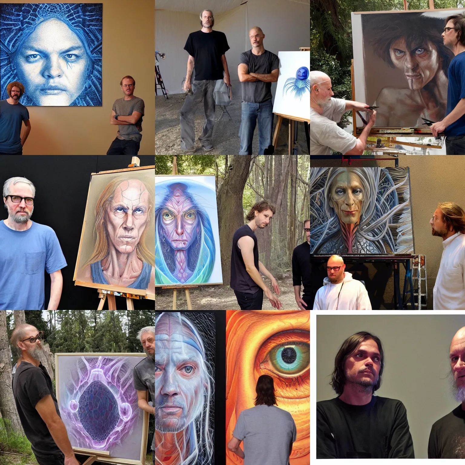 Image similar to painters Alex Grey together with painter Greg Rutkowski looking in the camera at the people who stole their job