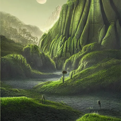 Image similar to digital art of a lush natural scene on an alien planet by michal klimczak ( shume ). extremely detailed. science fiction. beautiful landscape. weird vegetation. cliffs and water.