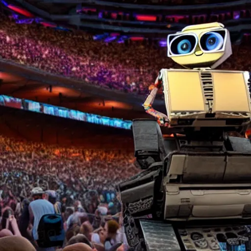 Image similar to wall - e dancing at a pearl jam concert in new york city. cinematic 8 k, depth of field, pixar.