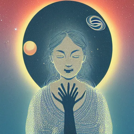 Image similar to closeup of a womans face wearing a neckless with a glowing planet Saturn as the pendant, the rings are glowing around the planet, the woman's hand reaching for the pendant, flat design, screen print by kawase Hasui and Dan hillier, 8k