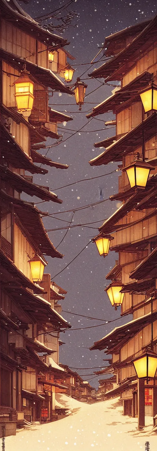 Image similar to empty rural japanese town at night, winter, in the style of studio ghibli, j. c. leyendecker, greg rutkowski, artem