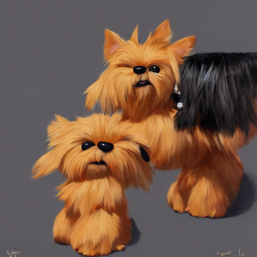 Image similar to Goro Fujita ilustration a very cute Yorkshire Terrier, with black and caramel fur on top of a plush monkey toy, painting by Goro Fujita, sharp focus, highly detailed, ArtStation