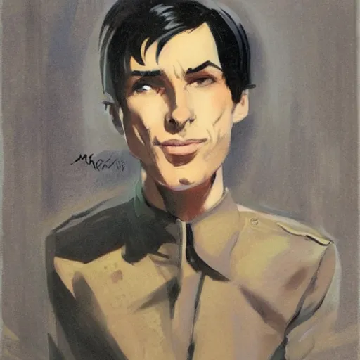 Image similar to scifi art of a portrait by marc davis, a man in his thirties, mix between french, turkish and russian, short black hair with bangs, very tall and slender, wearing a retro - futuristic beige and black utilitarian jumpsuit.