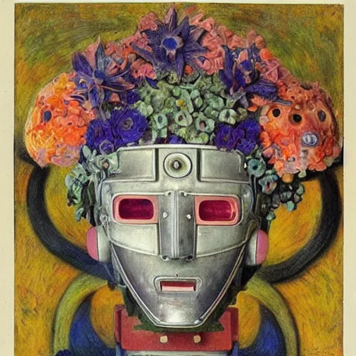 Image similar to a robot wearing a mask made of flowers, by annie swynnerton and diego rivera, symbolist, dramatic lighting, elaborate geometric ornament, art brut, soft cool colors, smooth, sharp focus, extremely detailed, adolf wolfli and dan munford