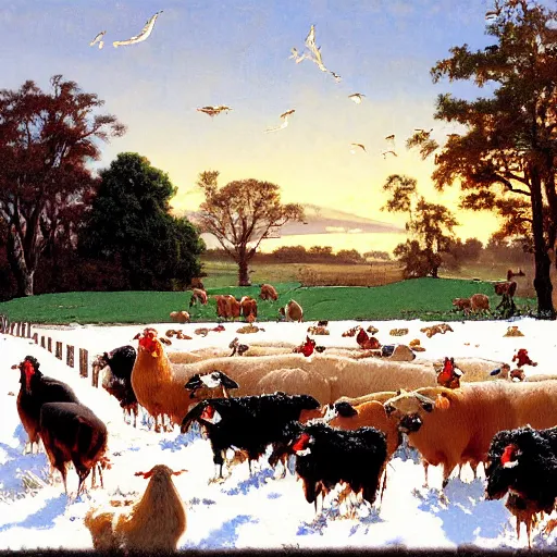 Image similar to feeding the animals at sunrise, dog, cows, sheep, chickens, ducks,, 4 k, ranch the morning after a light snowfall, by bob ross and norman rockwell