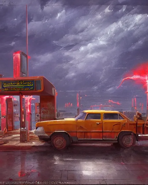 Prompt: a highly detailed epic cinematic concept art CG render digital painting artwork: Soviet gas station, lightning storm. By Greg Rutkowski, in the style of Francis Bacon and Syd Mead and Norman Rockwell and Beksinski, open ceiling, highly detailed, painted by Francis Bacon and Edward Hopper, painted by James Gilleard, surrealism, airbrush, Ilya Kuvshinov, WLOP, Stanley Artgerm, very coherent, triadic color scheme, art by Takato Yamamoto and James Jean