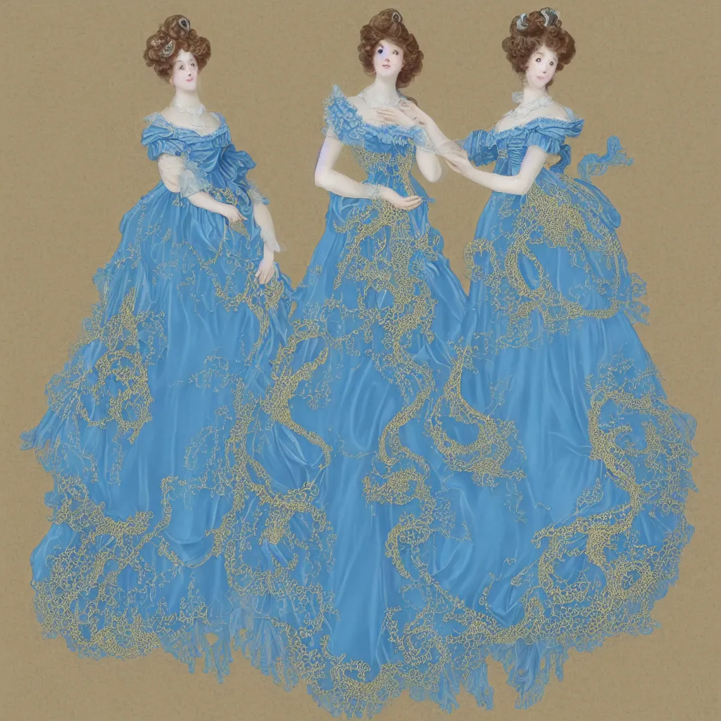 Image similar to blue dress design in the style of rococo ，Victorian era，jellyfish element，Gold lace,dreamy, soft ,Backlight ,luminescence，Aetherpunk,highly detailed,8k